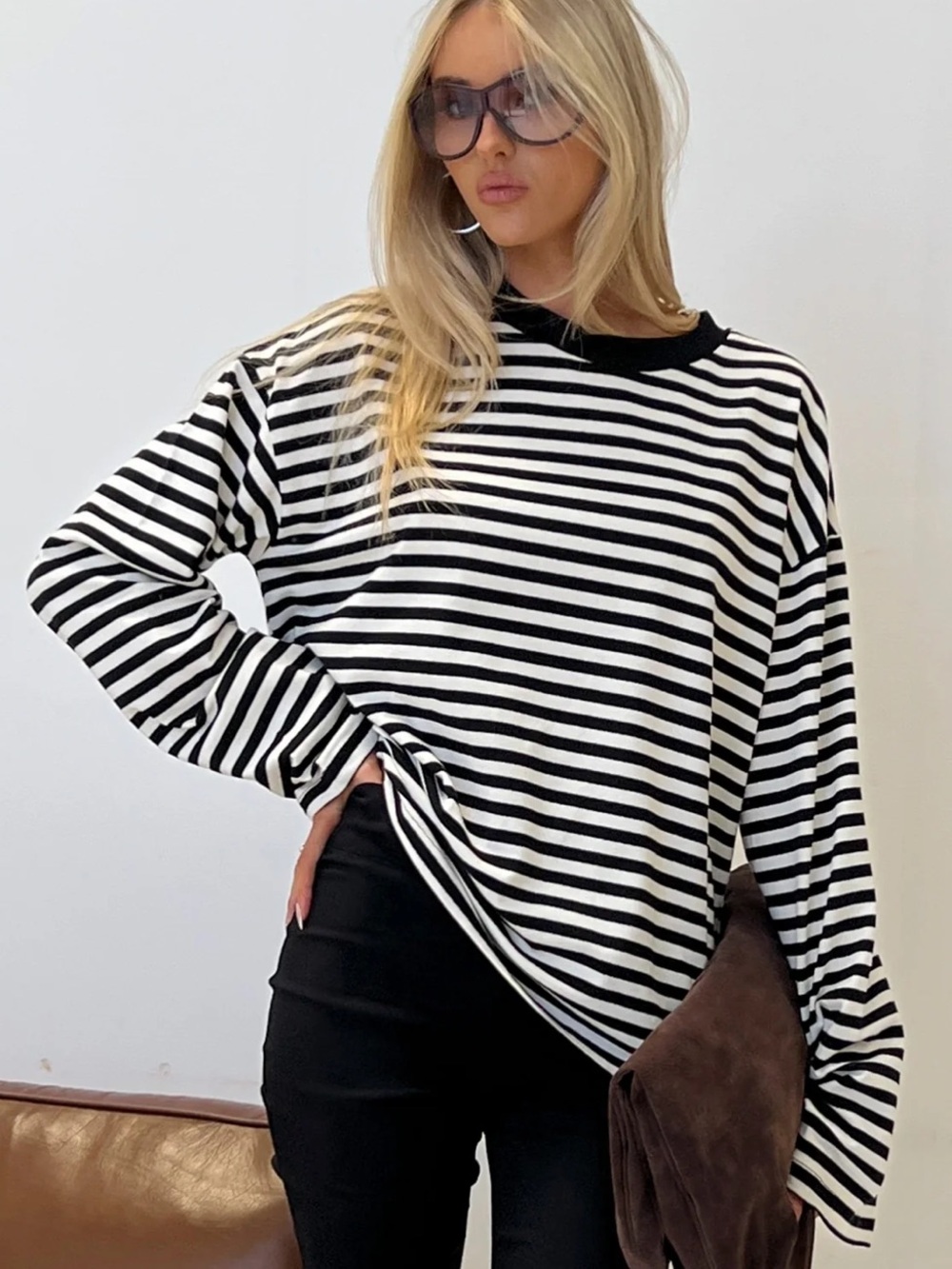 Settle Down Long Sleeve Top Black / White Stripe